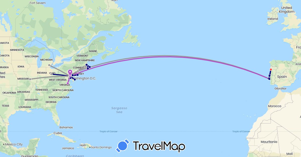 TravelMap itinerary: driving, plane, train, hiking in Portugal, United States (Europe, North America)